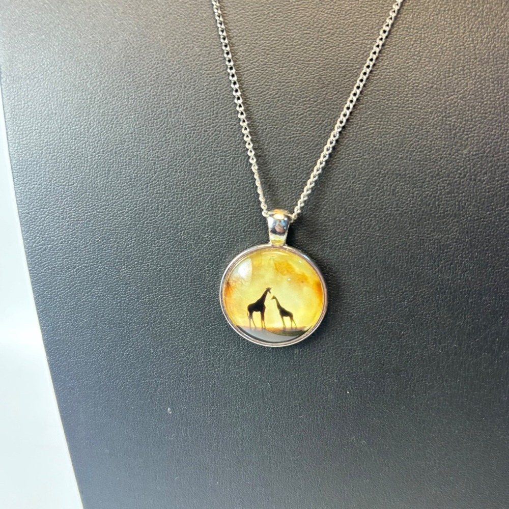 Giraffe Pendant Necklace Yellow Sunset Safari Silhouette Boho Statement Silver